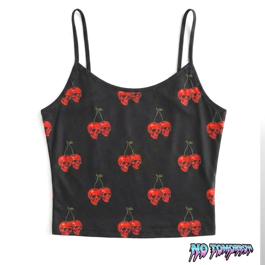 EXPENSIVE PARADISE-No Tomorrow: cherry Skull spaghetti strap women’s top
