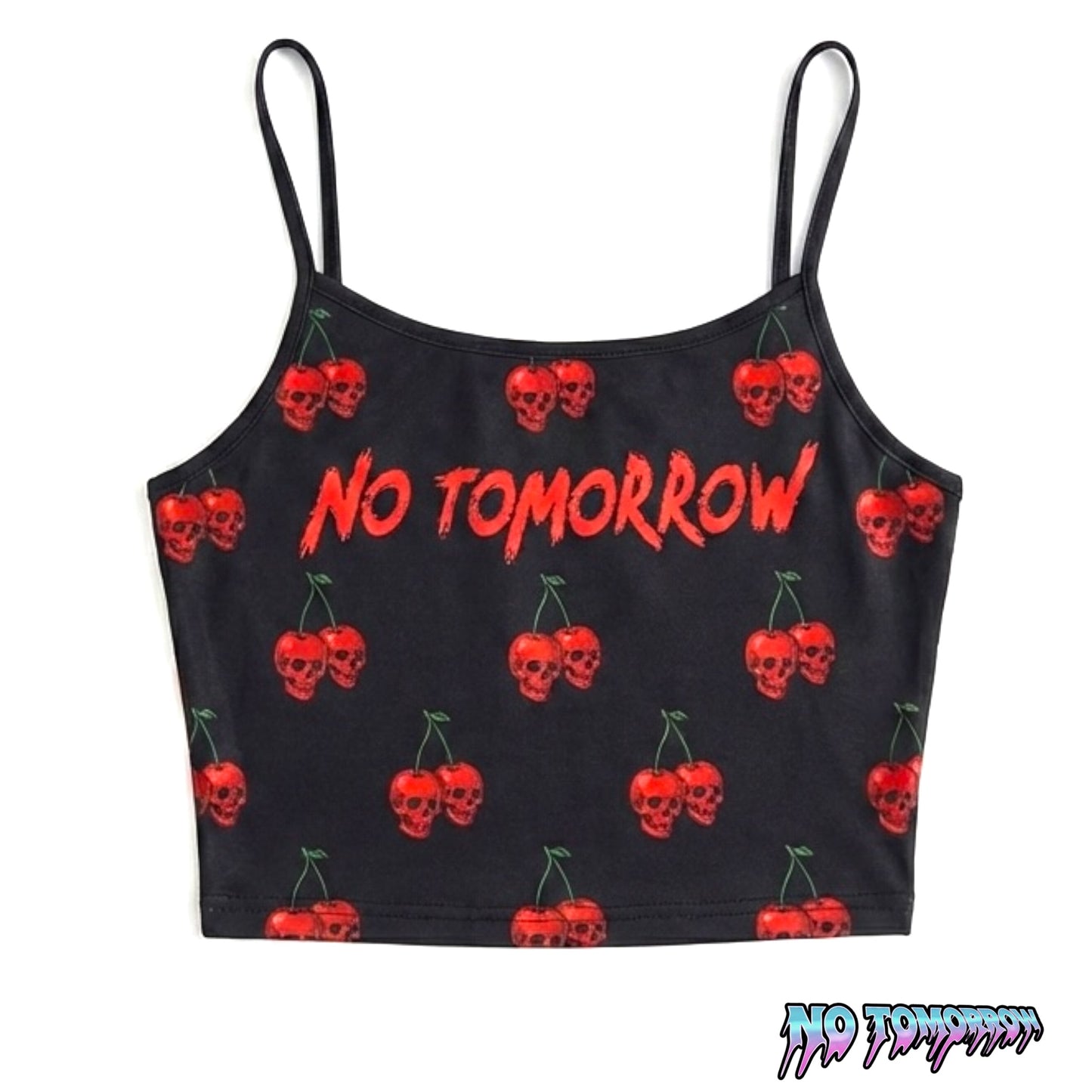EXPENSIVE PARADISE-No Tomorrow: cherry Skull spaghetti strap women’s top