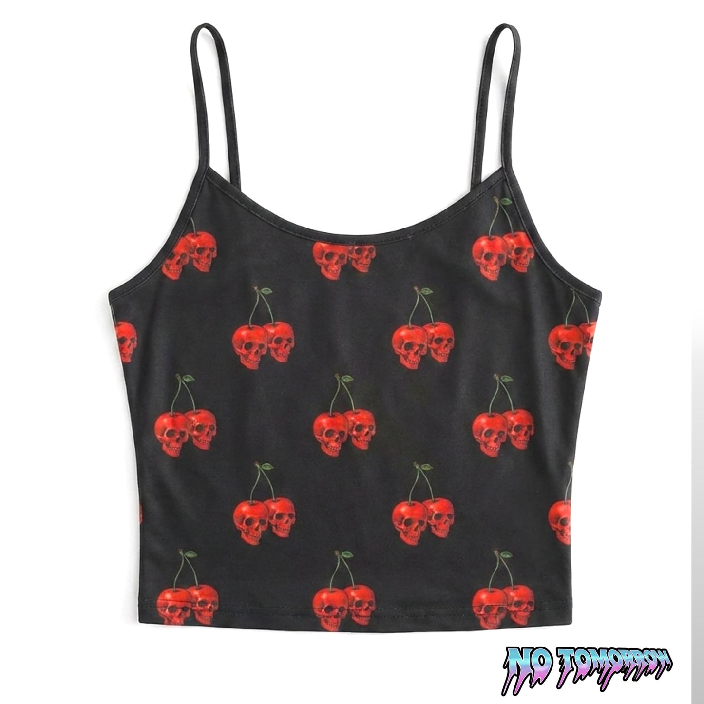 EXPENSIVE PARADISE-No Tomorrow: cherry Skull spaghetti strap women’s top