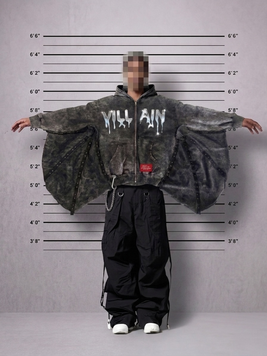 EXPENSIVE PARADISE: “VILLAIN” ZIP UP / COLOR: VINTAGE BLACK / VINTAGE WASH/detachable wings